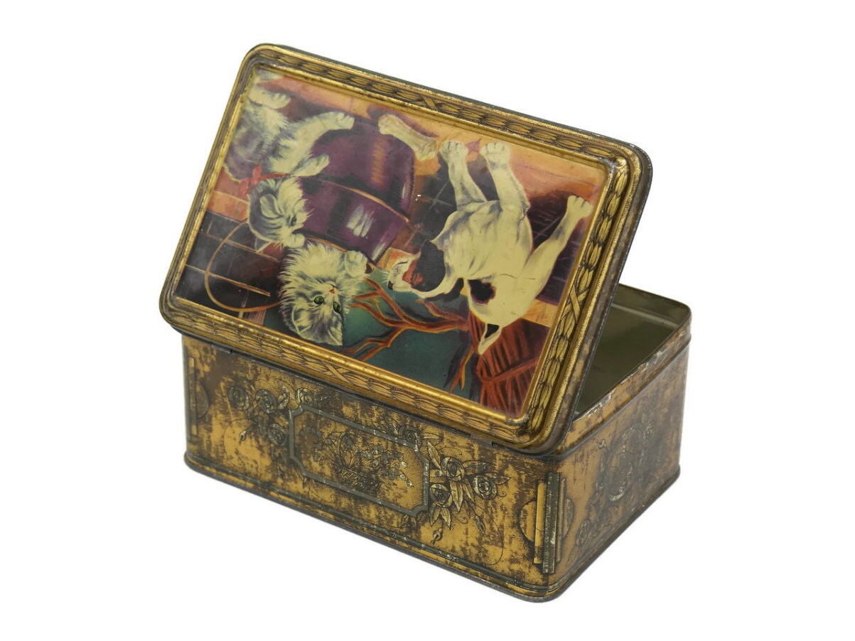 Vintage Candy Tin with Cats and Dog Print. Kitten Art Biscuit Tin.