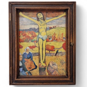 French Wooden Key Holder Cabinet with Paul Gauguin Art Print, The Yellow Christ, Entryway and Kitchen Hanging Hooks