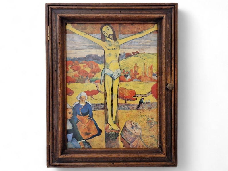 French Wooden Key Holder Cabinet with Paul Gauguin Art Print, The Yellow Christ, Entryway and Kitchen Hanging Hooks