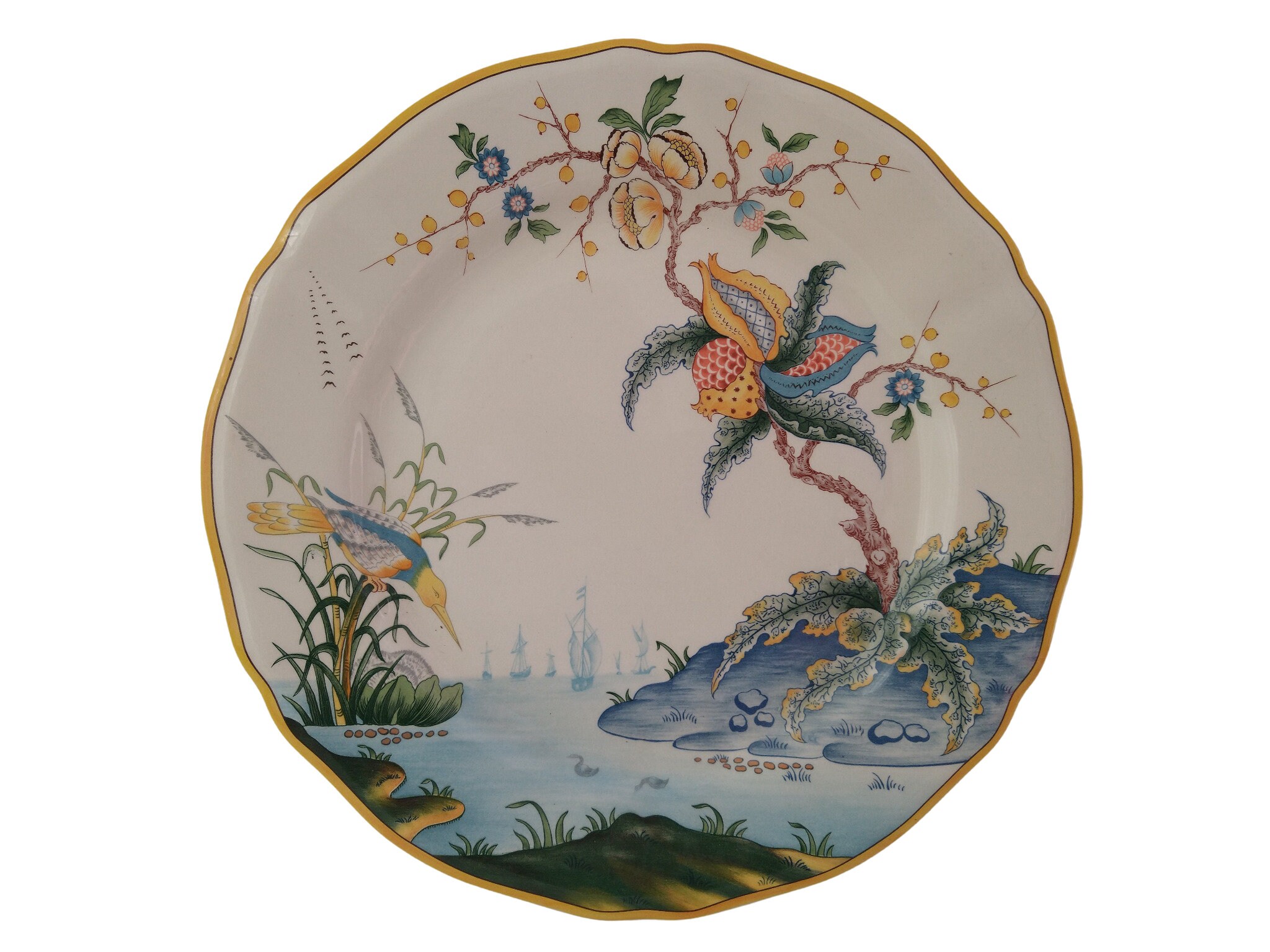 Assiette Vintage Français de Gien, Motif Carabbéé avec Des Oiseaux sur Roseau Insectes