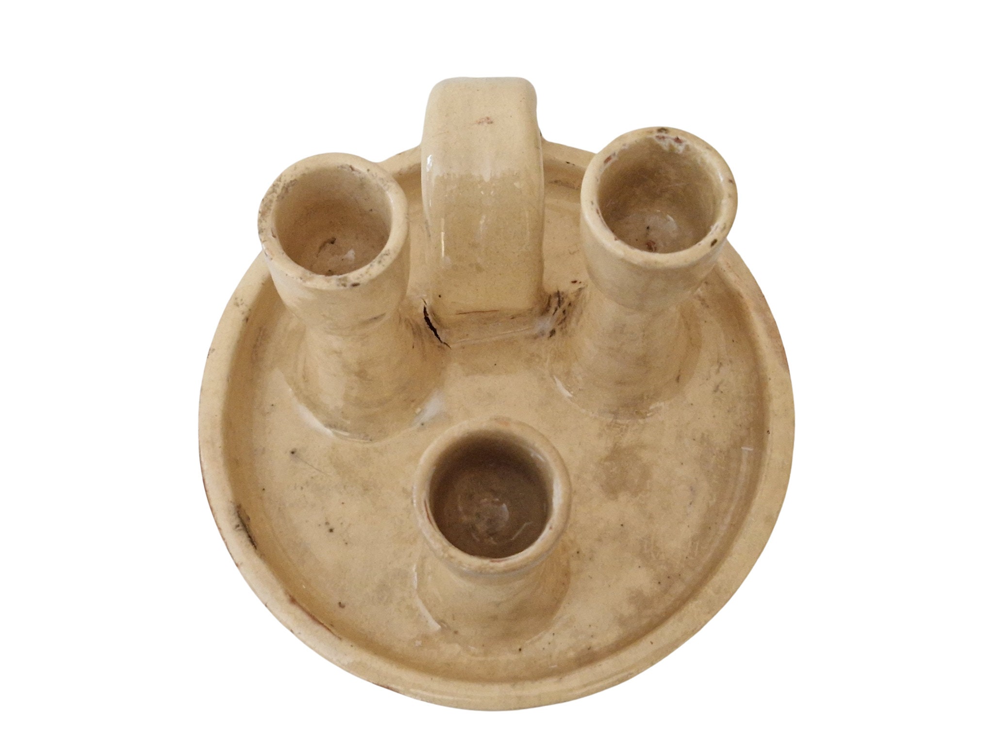 Rustic French Pottery Chamberstick with Triple Candlestick Holders and