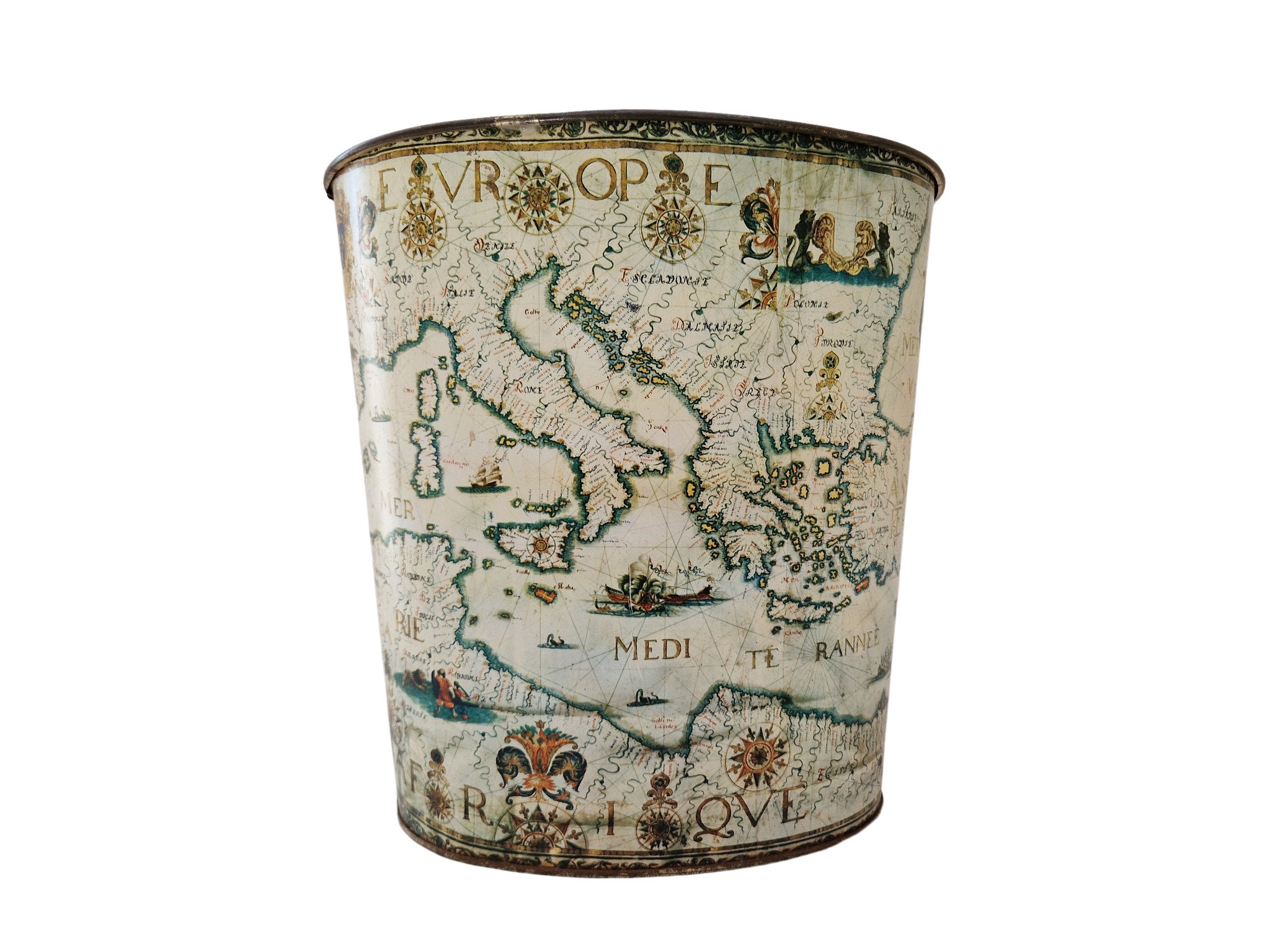 Vintage French Tole Waste Basket with Antique Style Map of Europe by