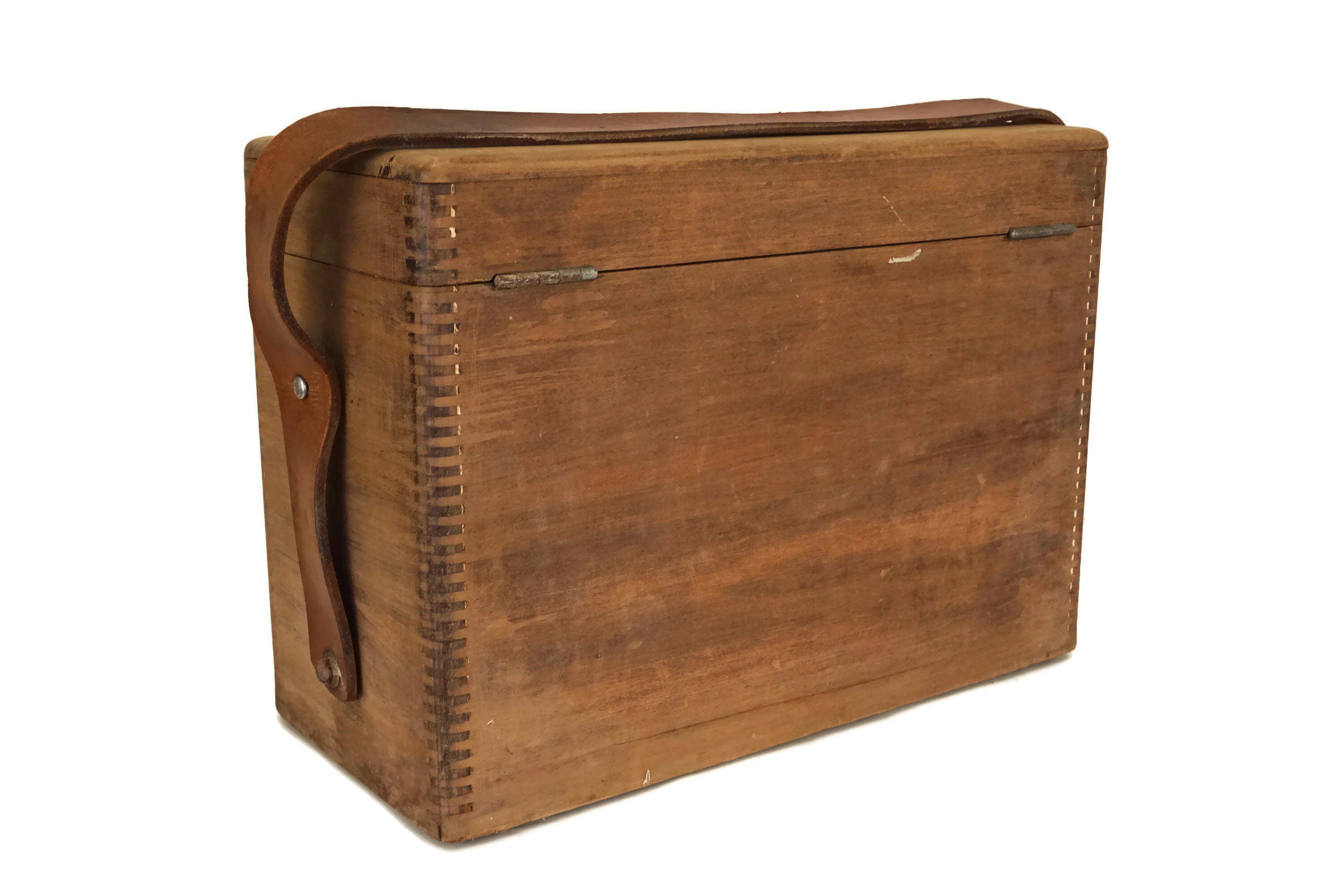Wooden Tool Box with Leather Strap and Lid