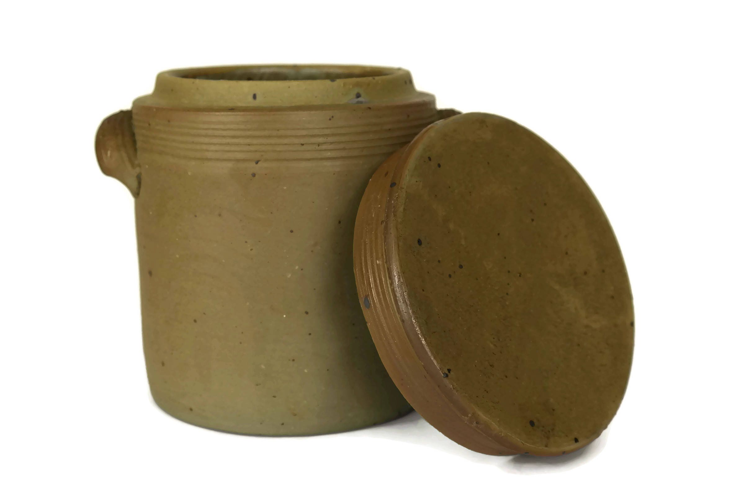 Salt Glazed Pottery Crock. Rustic French Country Kitchen Decor Canister