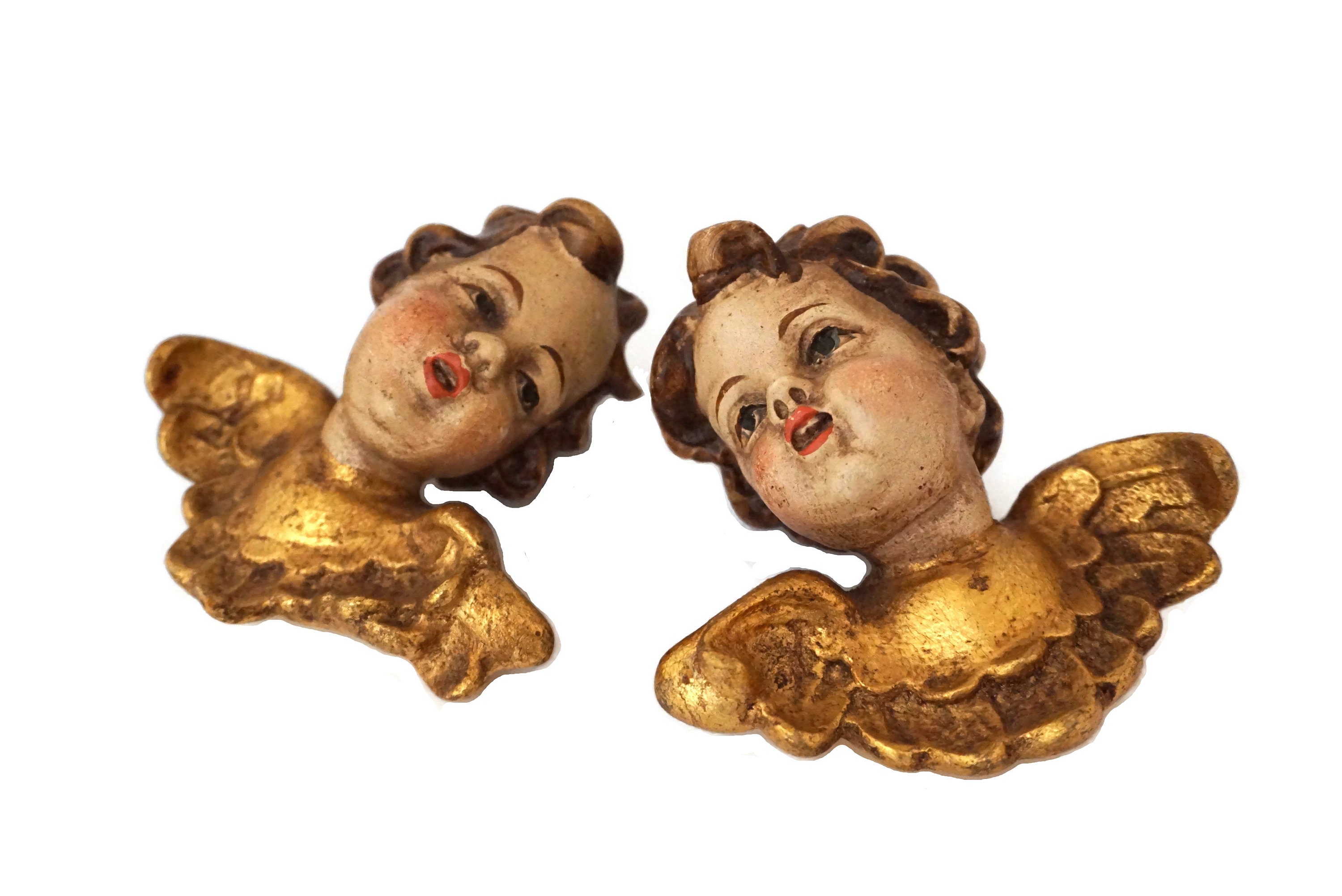 Hand Carved Cherub Putti Head Figurines, German Wooden Christmas Angel