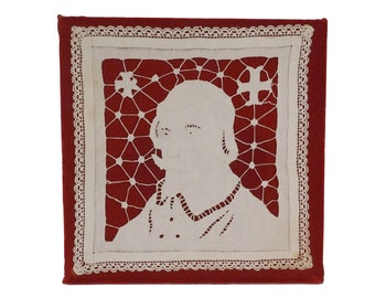 Cardinal Richelieu Portrait Cutwork Embroidery, Antique French Handmade Needlework linen and Lace Panel