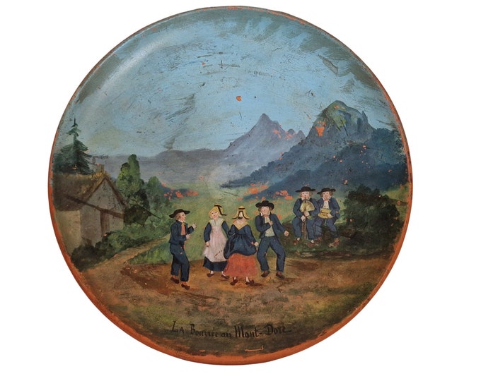 French Antique Terracotta Wall Plate with Hand Painted Village Dancing Scene, Folk Art Bouree Dance