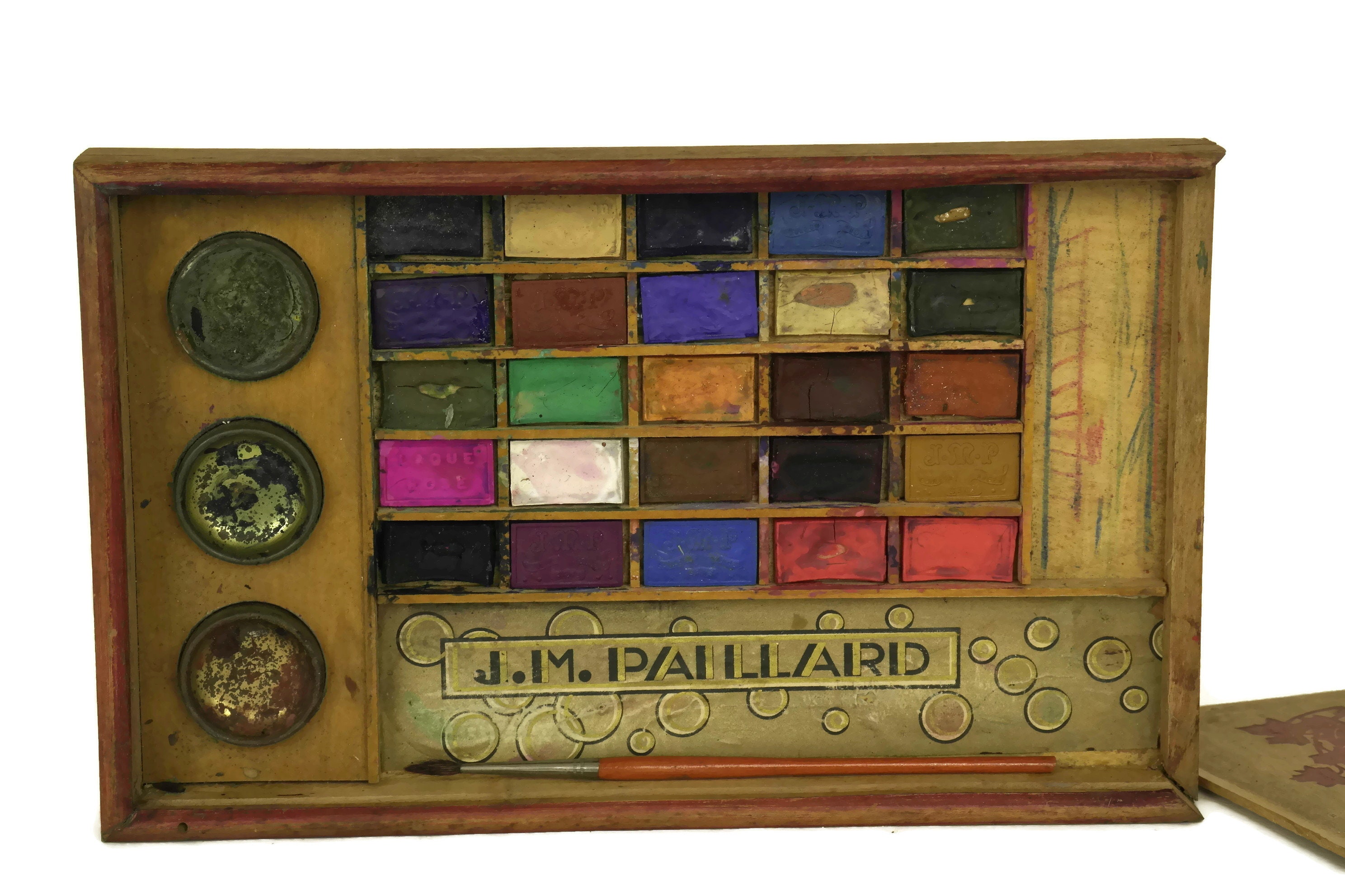 Antique Artists Paint Box. Wooden Art Box with Watercolours. Paint and