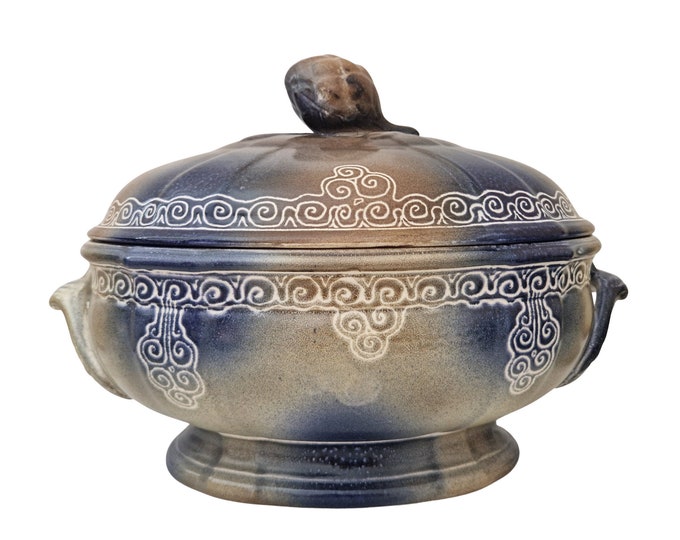 Marie Stuart Roscoff Pottery Soup Tureen with Celtic Triskele Motifs, French Brittany Serving Dish With Lid