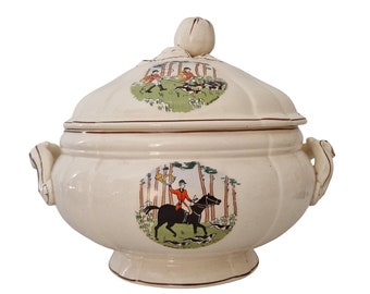 French Faience Soup Tureen with Horse and Hound Fox Hunting Transferware by Sarreguemines, Antique Ceramic Serving Dish with Lid