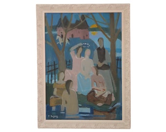 Pauline Peugniez Symbolist Oil Painting, 1940s French Naive Original Art