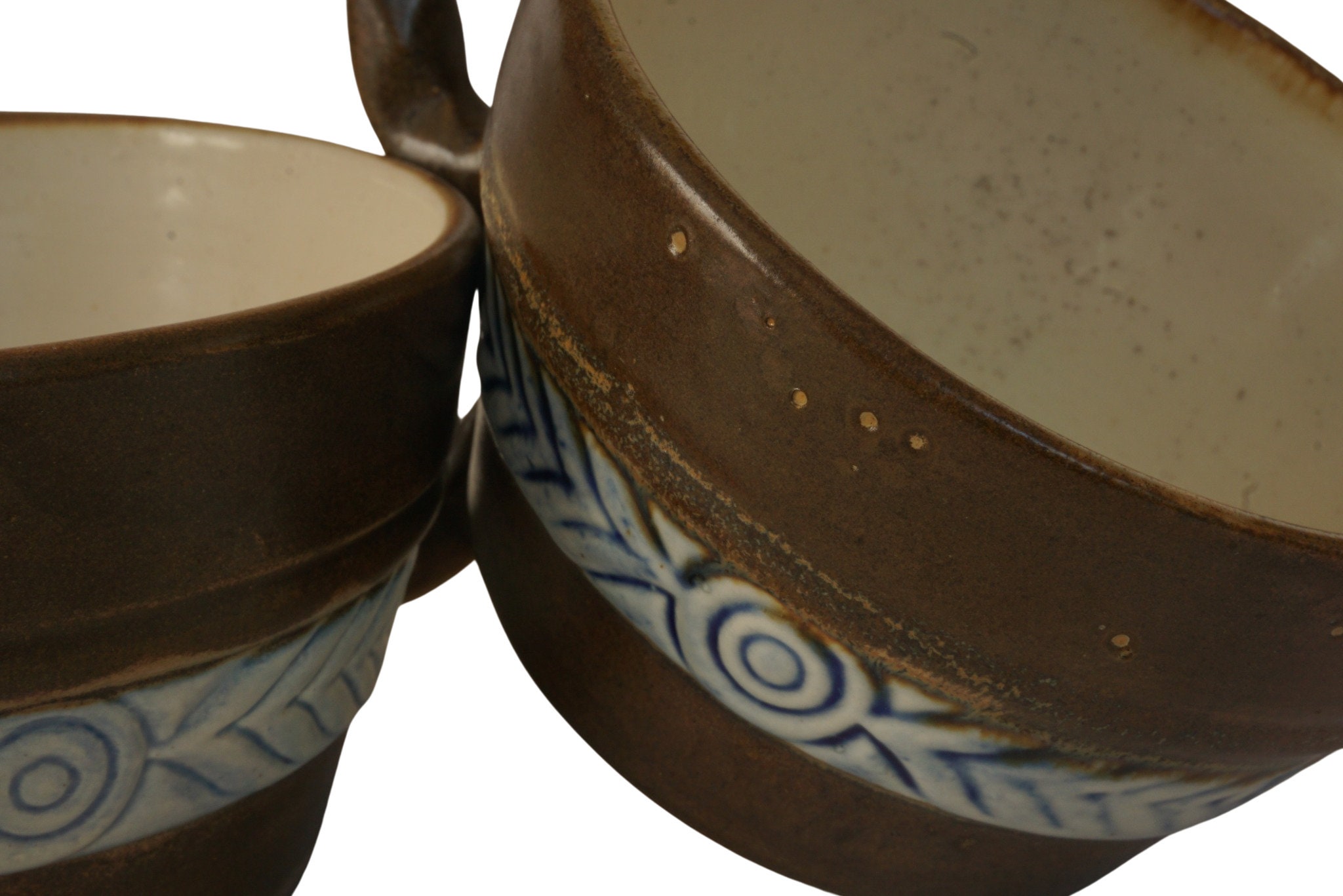 Antique HB Quimper Pottery Cups Pair in Odetta Pattern, French Pottery