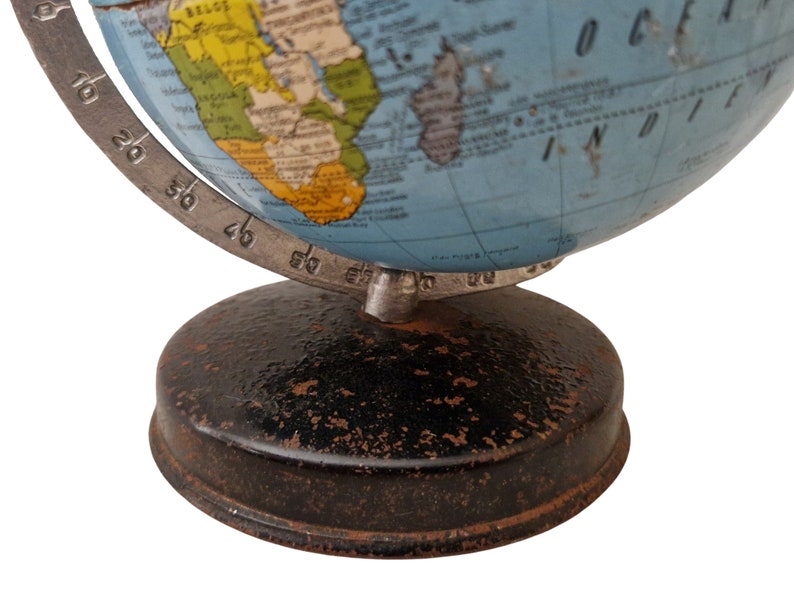 Mid Century Tin World Globe by Cartes Taride, Small Desk Top Earth Map image 9