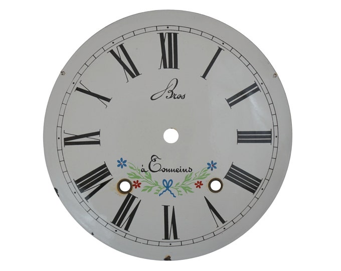 Antique French Enamel Clock Face Dial with Roman Numerals and Flowers
