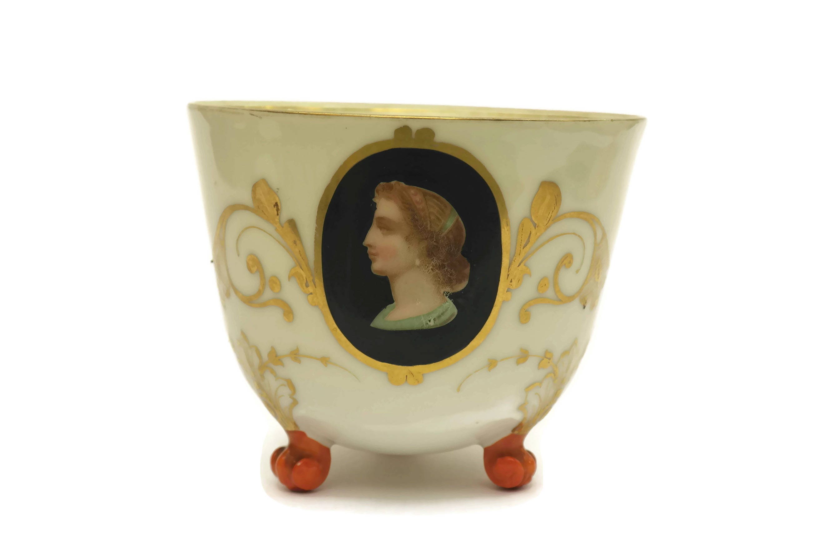 RESERVED Antique French Porcelain Tea Cup and Saucer Set with Medallion