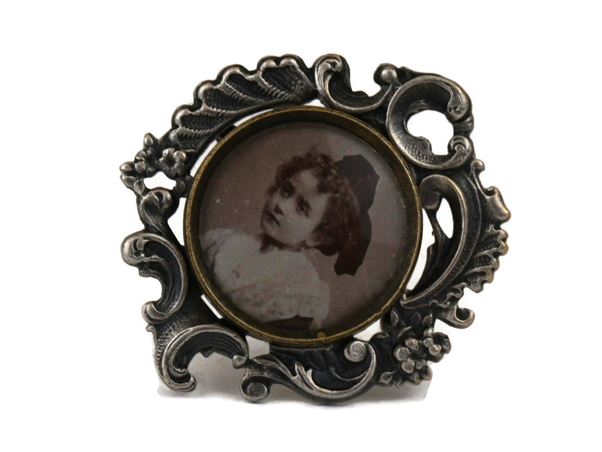 Antique Silver Photo Frame Brooch with French Girl Portrait, Victorian