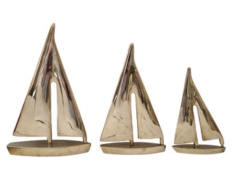 Vintage Brass Sailboat Figurines Set of 3, Sailing Boat Ornaments, Nautical Office Decor