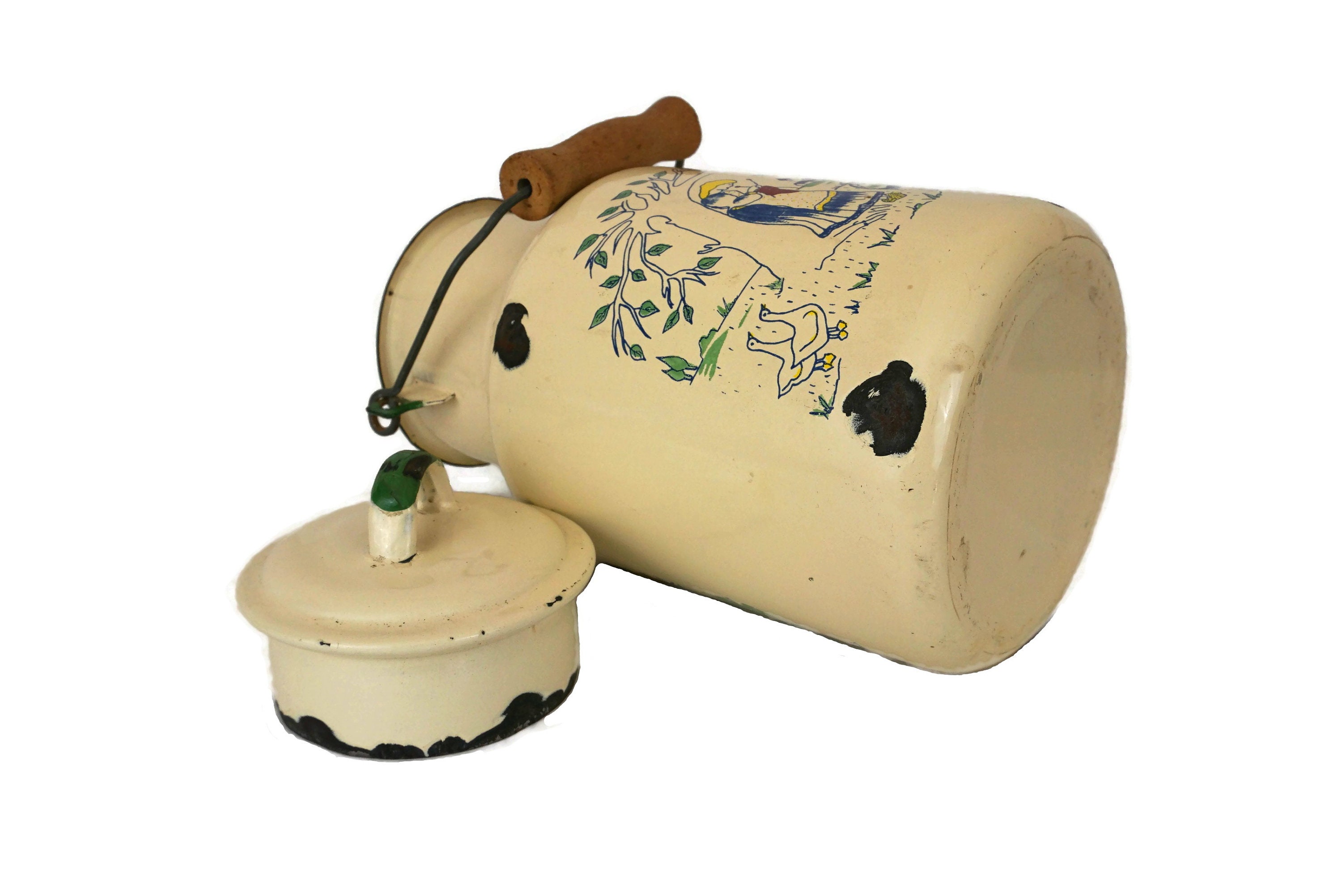 Vintage French Enamel Milk Pail, Shabby Farmhouse Enamelware Can