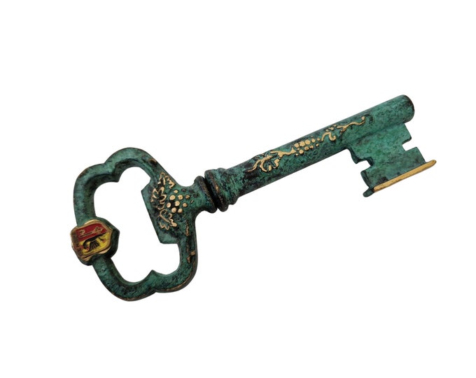 Verdigris Brass Skeleton Key Corkscrew with Geneva Switzerland Coat of Arms, Wine Bottle Opener, Bar Gifts and Decor