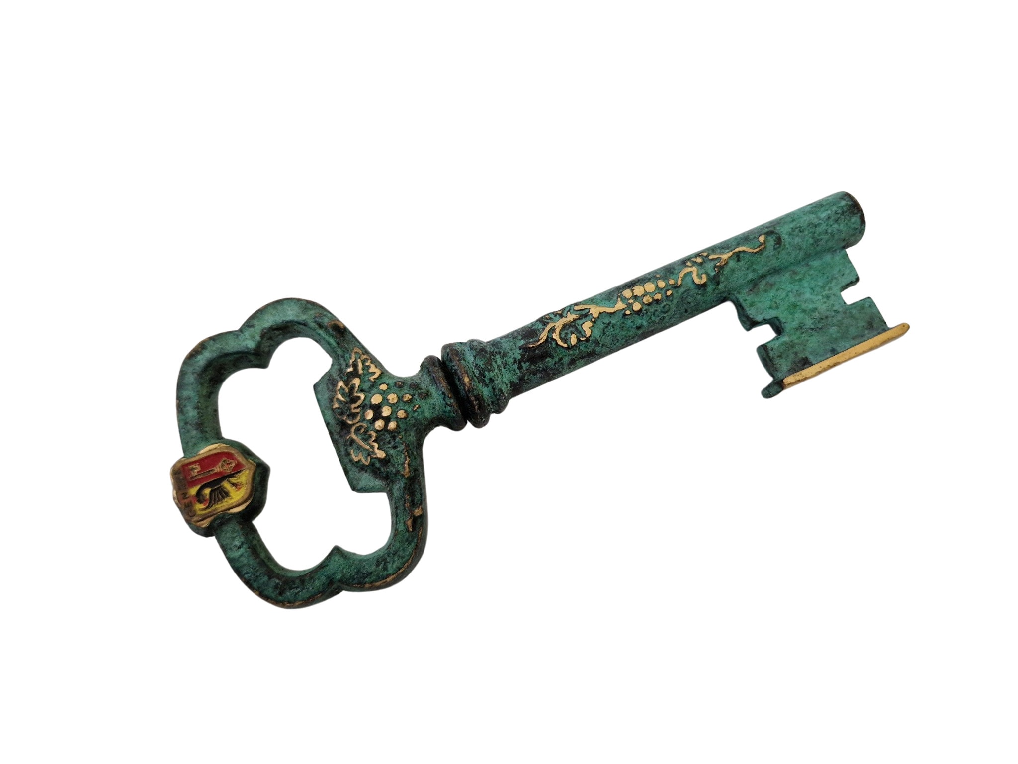 Verdigris Brass Skeleton Key Corkscrew with Geneva Switzerland