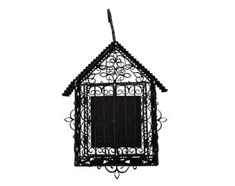 Antique French Wrought Iron Cemetery Cage, Victorian Mourning Wall Hanging Shrine