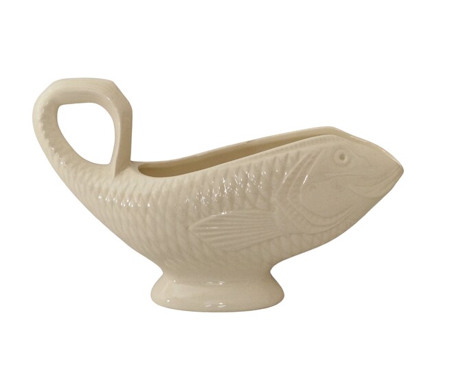 Badonviller Porcelain Fish Sauce Boat, Zoomorphic Shaped Ceramic, French Art Deco Creamware