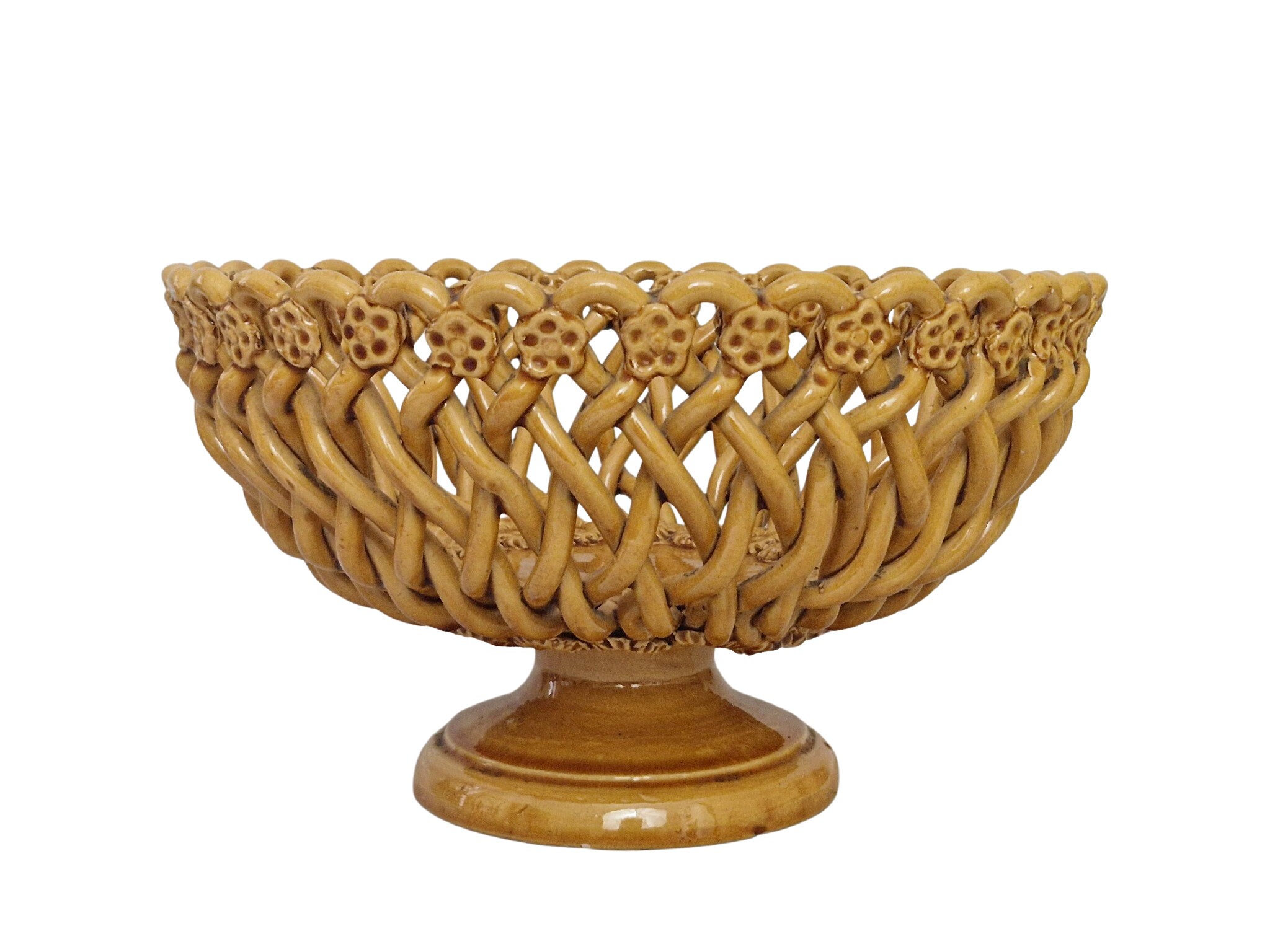 French Pottery Basket Weave Fruit Bowl by Pichon of Uzes, Ceramic Table