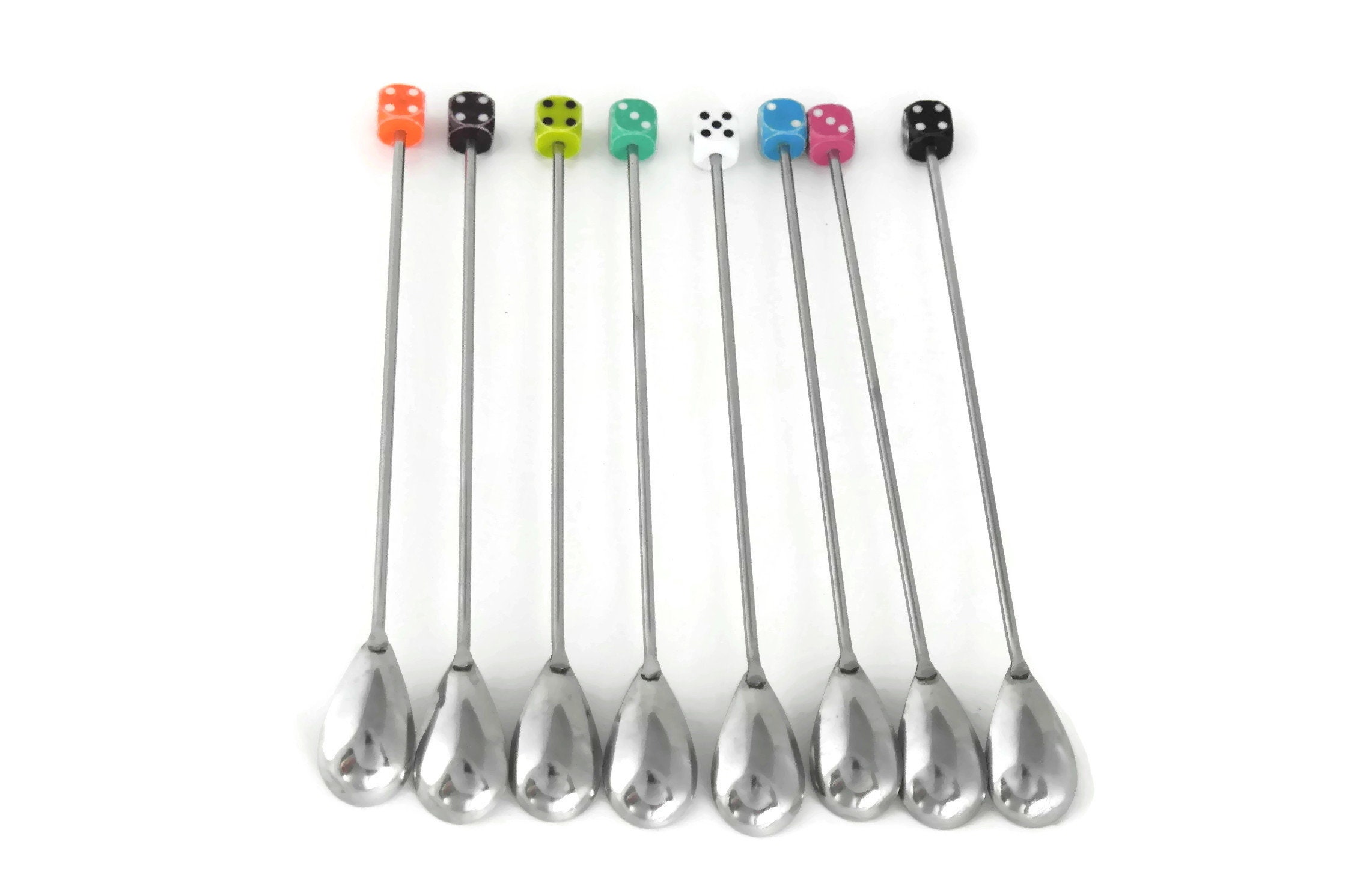 Vintage Swizzle Sticks. Set of Cocktail Stirrer Spoons with Dice. Bar
