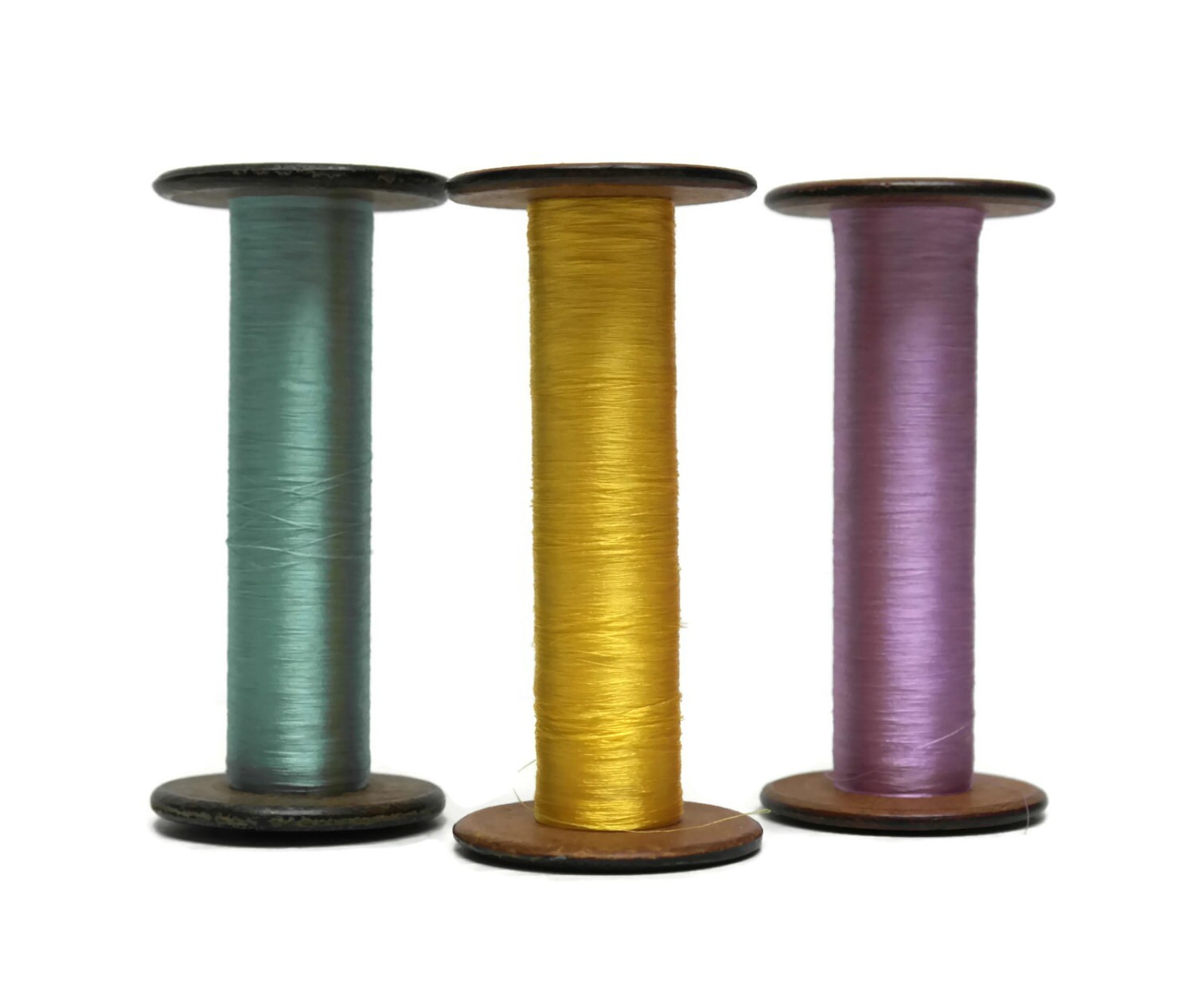 Antique French Wooden Bobbins. Large Weaving Spools. Bobbins and Thread.