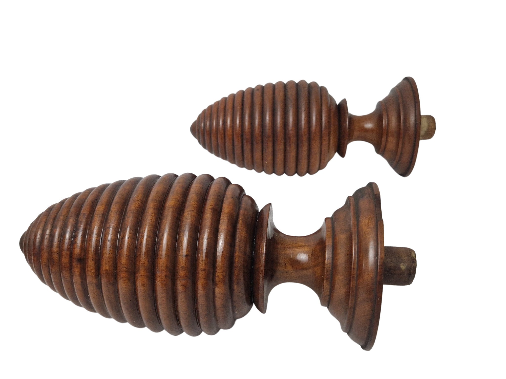 Large French Wood Pinecone Finials Pair, Antique Furniture Ornaments