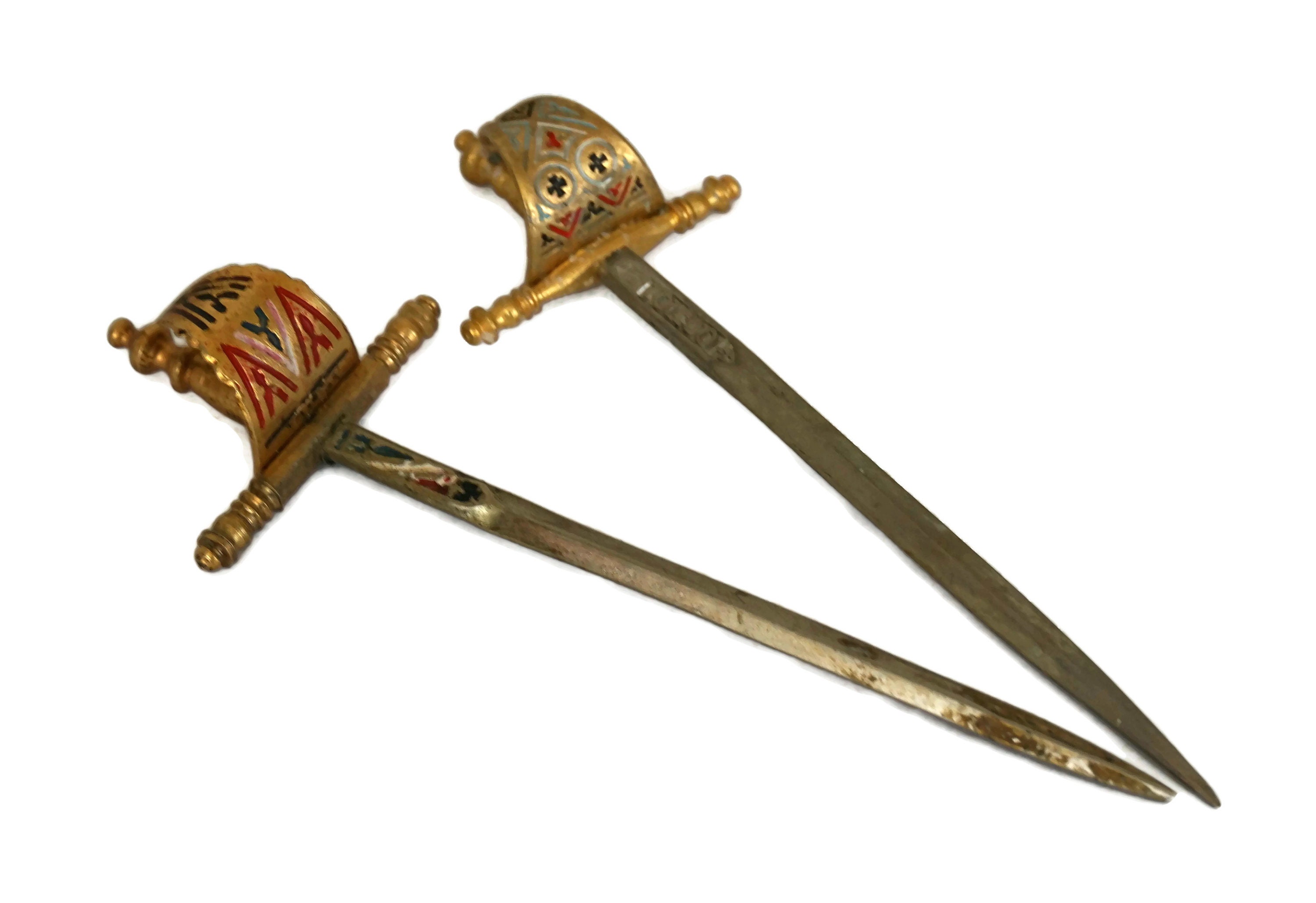 Vintage Brass Sword Cocktail Picks, Toledo Cocktail Sticks and Stand