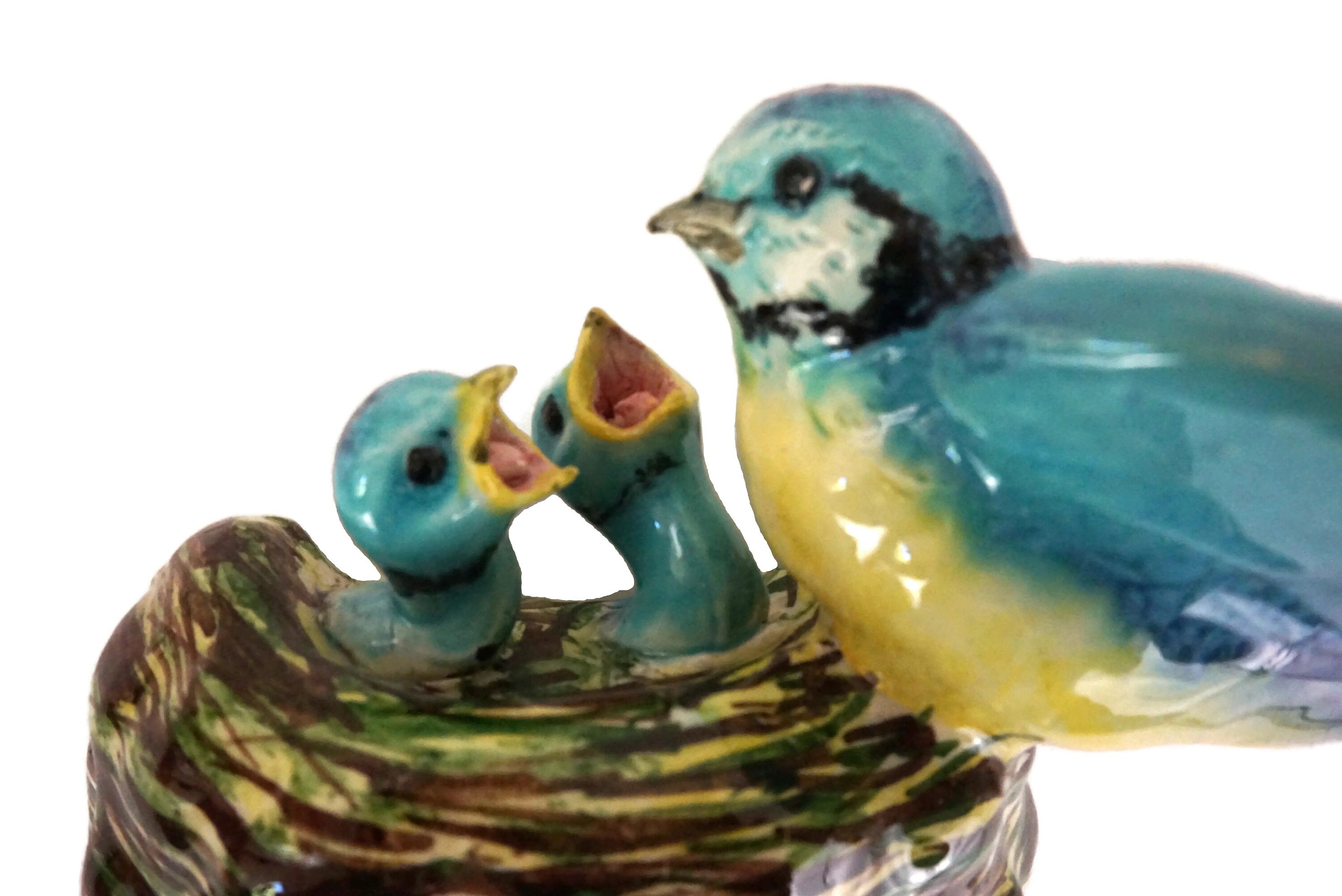 Vintage Pottery Blue Birds Figurine, French Ceramic Wall Hanging Nest