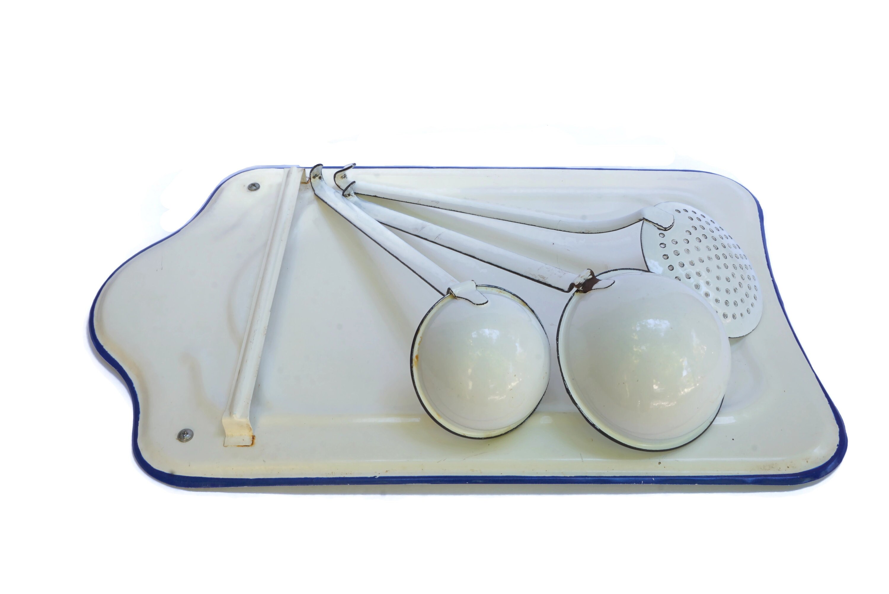 Enamel Kitchen Utensil Rack Holder with Ladles and Skimmer, French