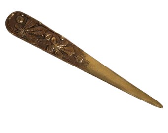 Bronze Letter Opener Paper Knife with Chestnut and Leaf Design Signed Delpech, Art Deco Office Gifts