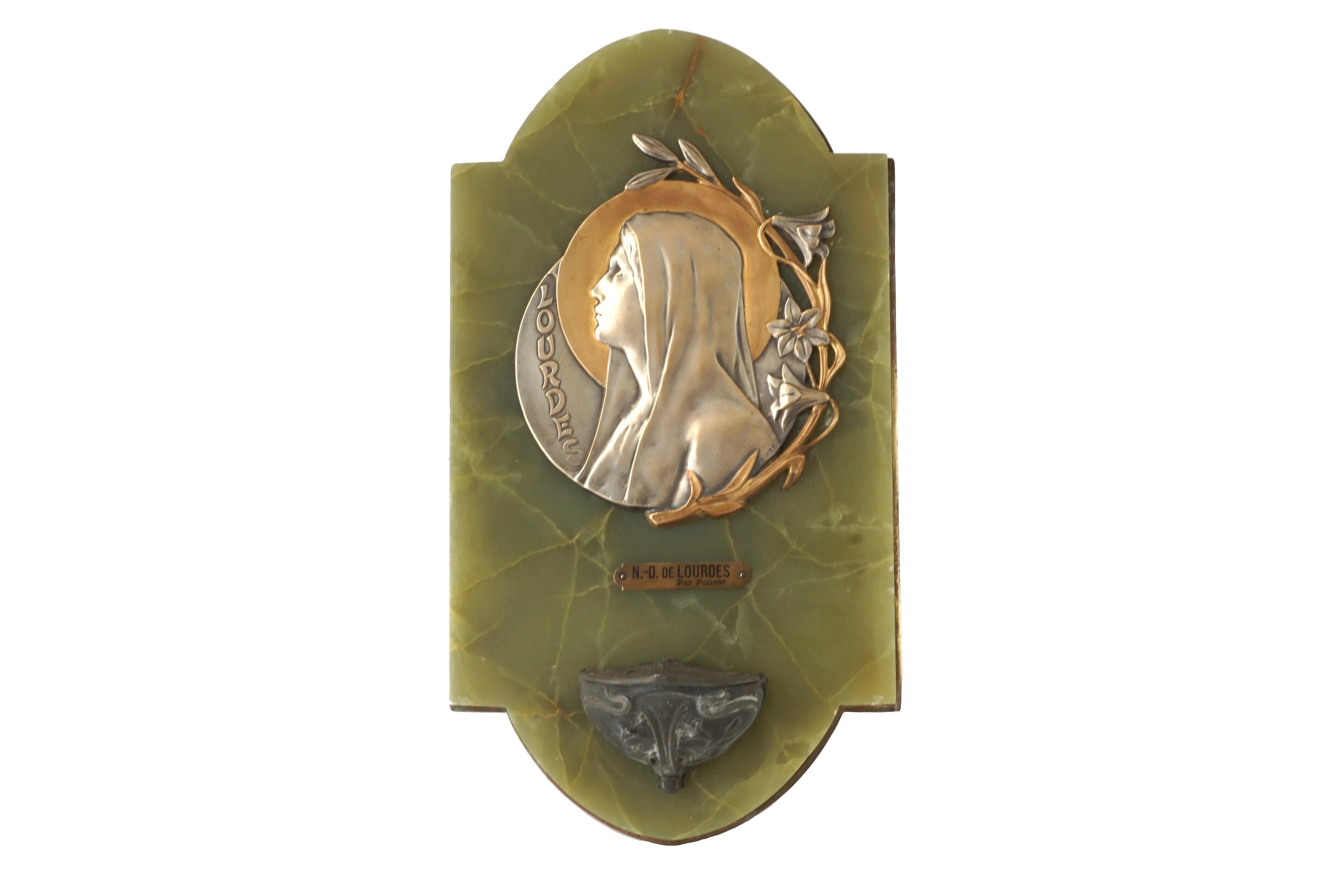 Police d'eau Bénit Art Nouveau avec Plaque Vierge Marie, Souvenir Antique de Notre-Dame Lourdes