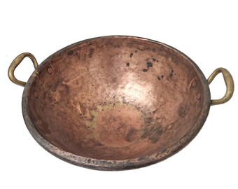 Antique French Copper Mixing Bowl with Brass Handles, Meringue Basin with Dove Tail Joints, Rustic Farmhouse Kitchen Decor