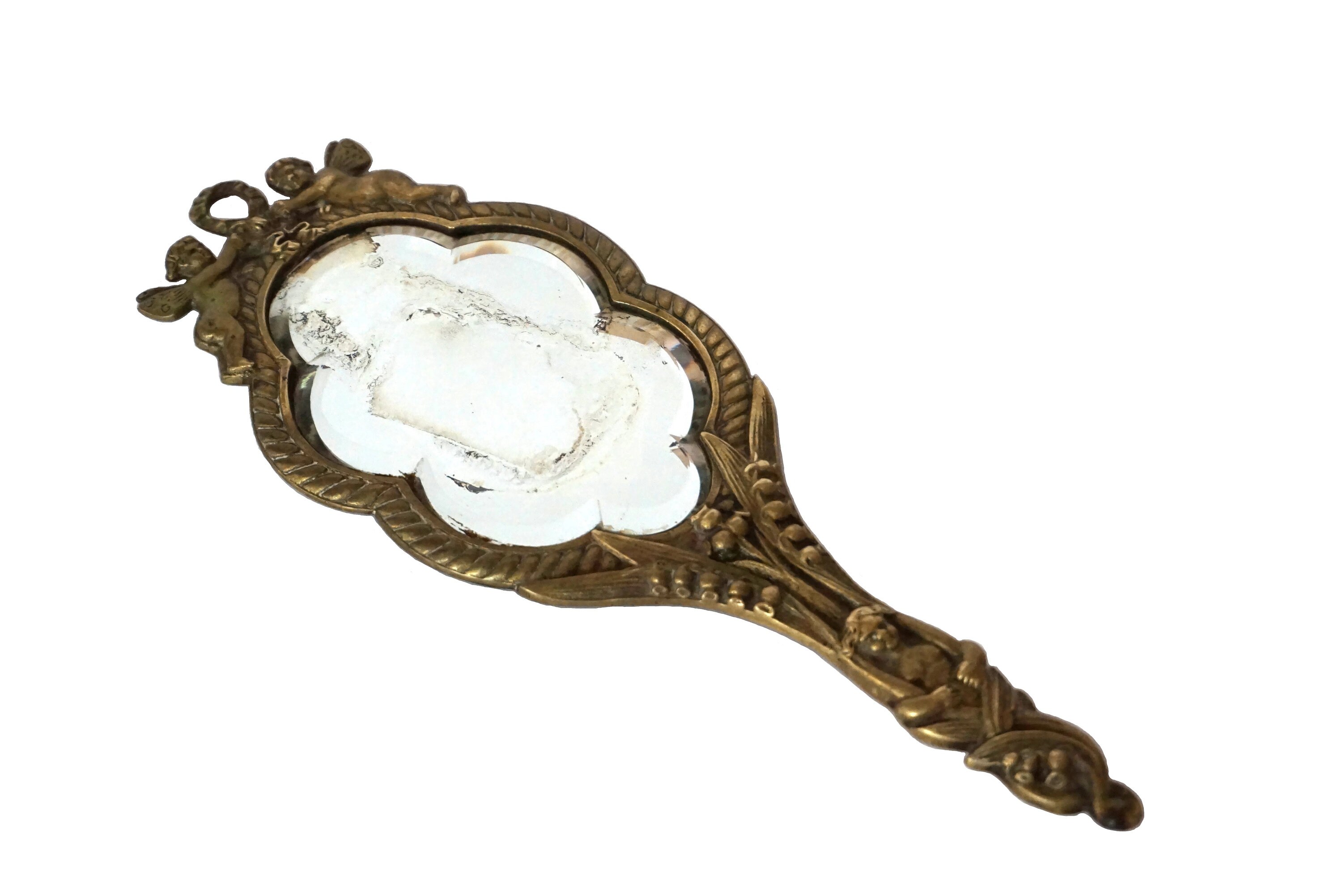 French Antique Brass Makeup Hand Mirror with Cherubs, Beveled Vanity