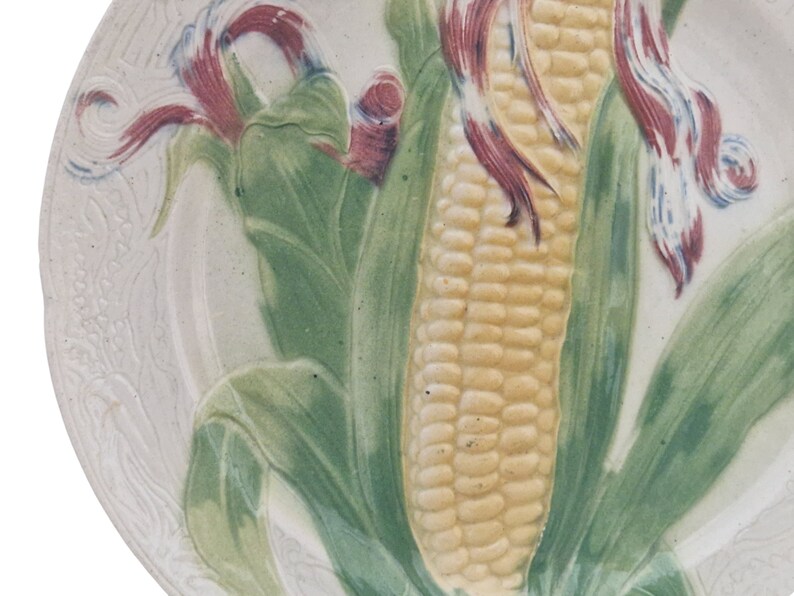 French Antique Majolica Plate with Corn Cob by Keller & Guerin St Clement, Ceramic Kitchen Wall Hanging Decor image 7