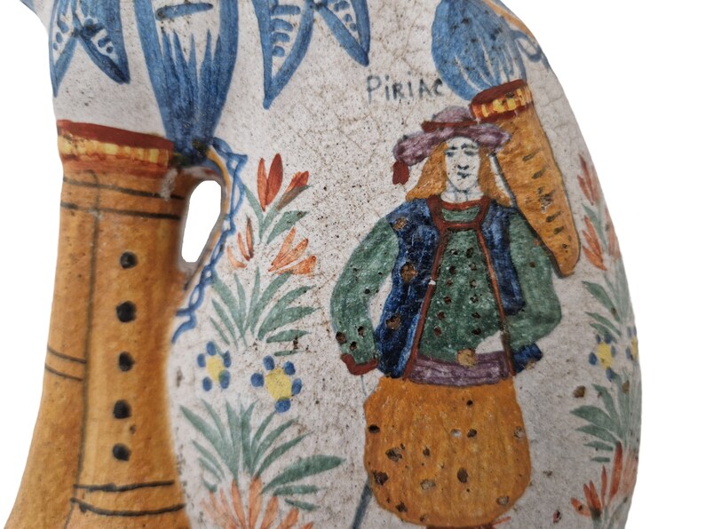 Hand Painted French Pottery Wall Pocket Bagpipe Vase