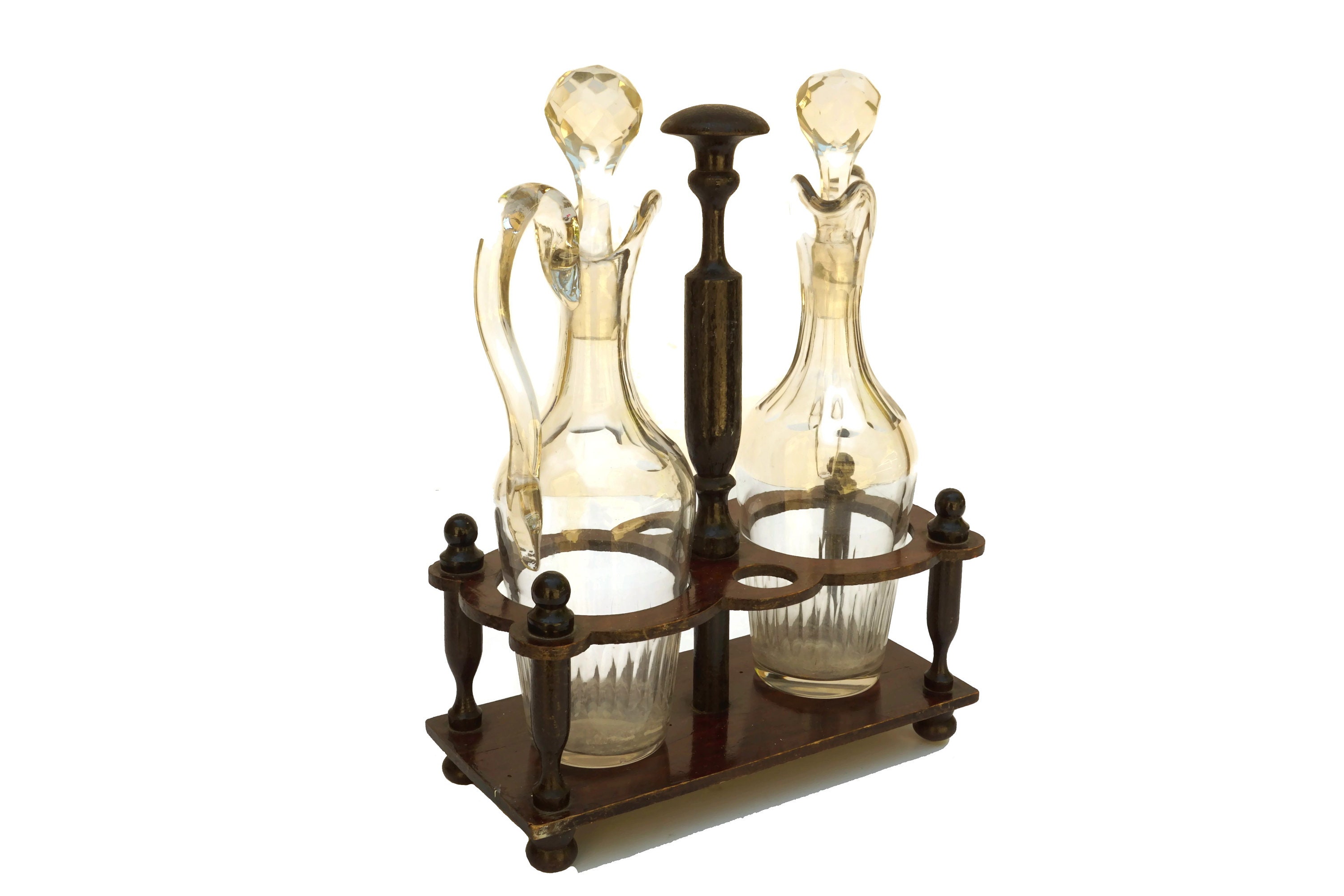 Antique Oil and Vinegar Set with Wooden Caddy, French Salad Dressing