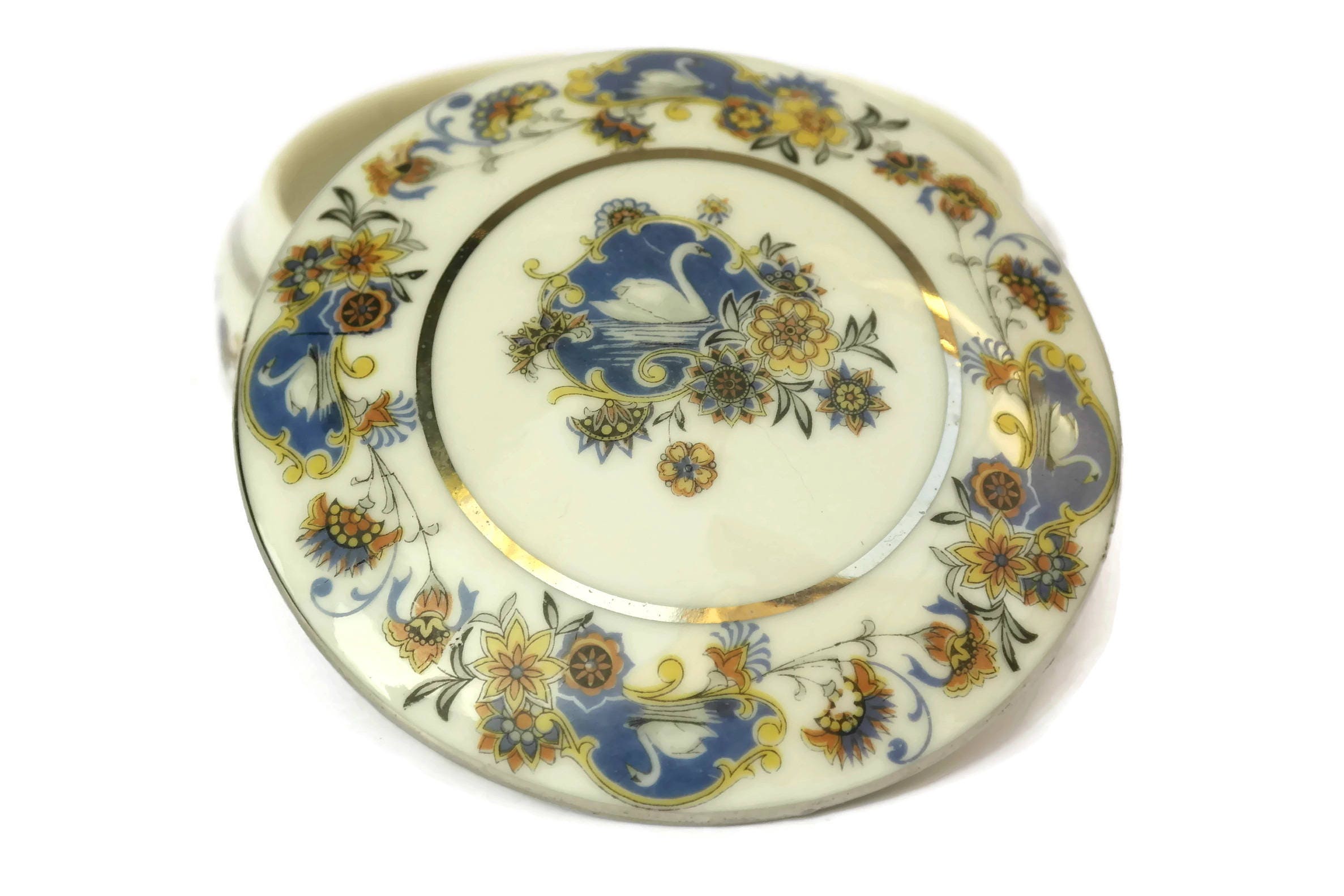 Limoges Porcelain Trinket Dish with Flowers and Swans. French Vintage