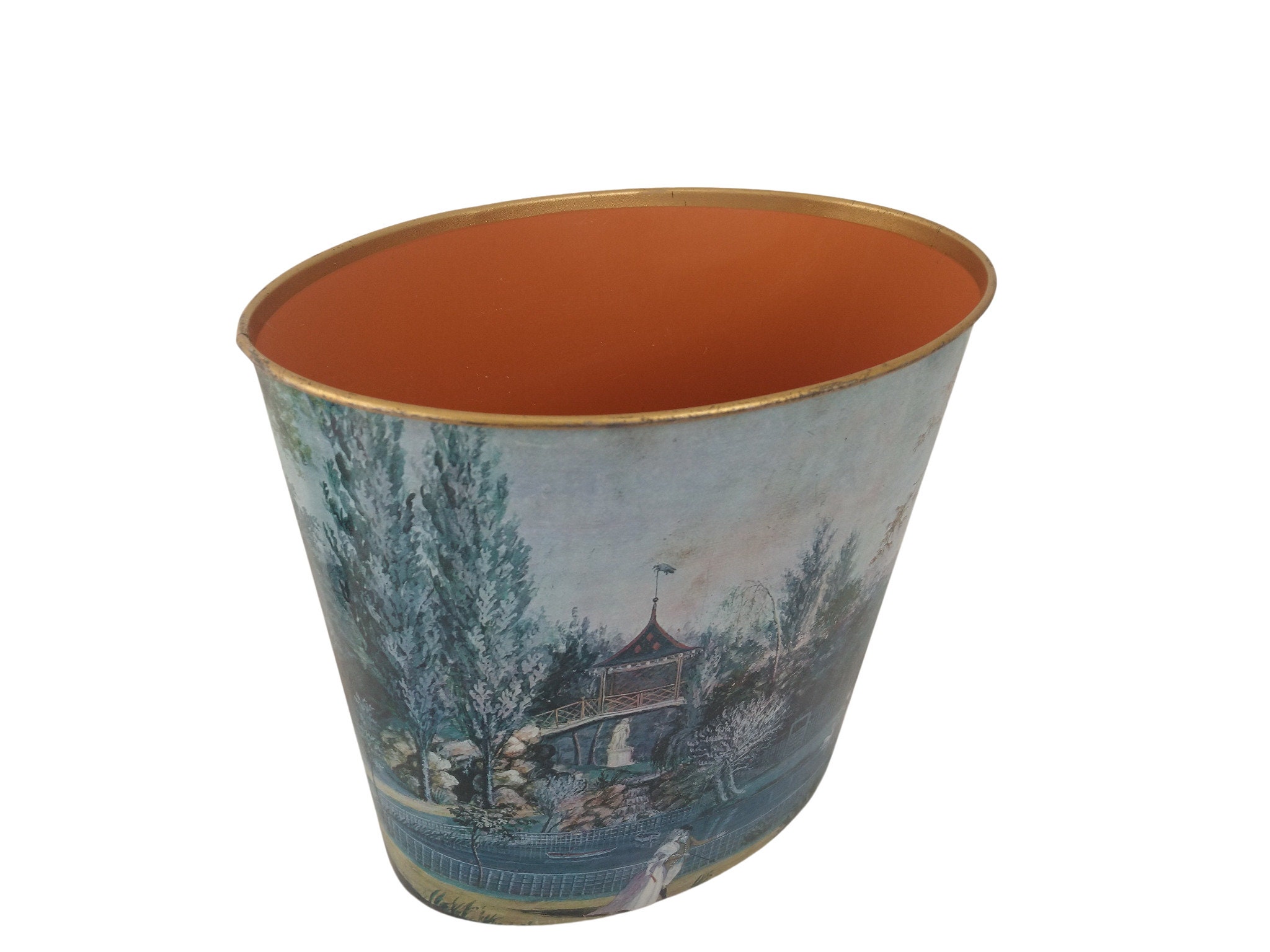 Vintage French Tole Waste Basket with Romantic Courtship Landscape by
