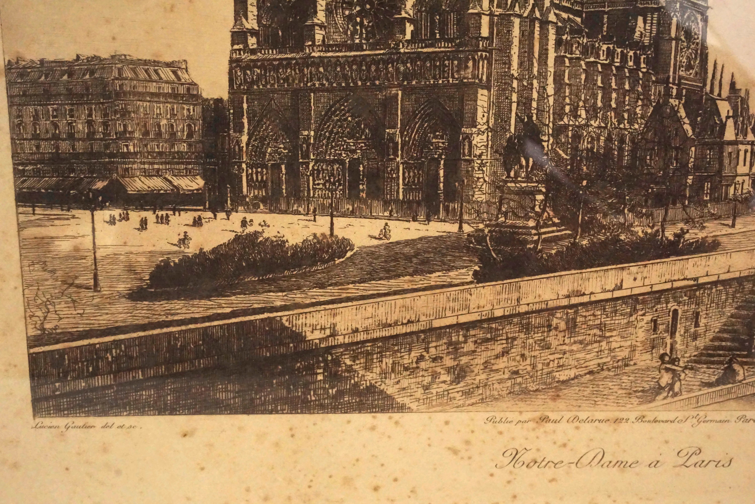 Antique French Notre Dame Etching by Lucien Gautier, Paris Cathedral Scene Art Print Souvenir