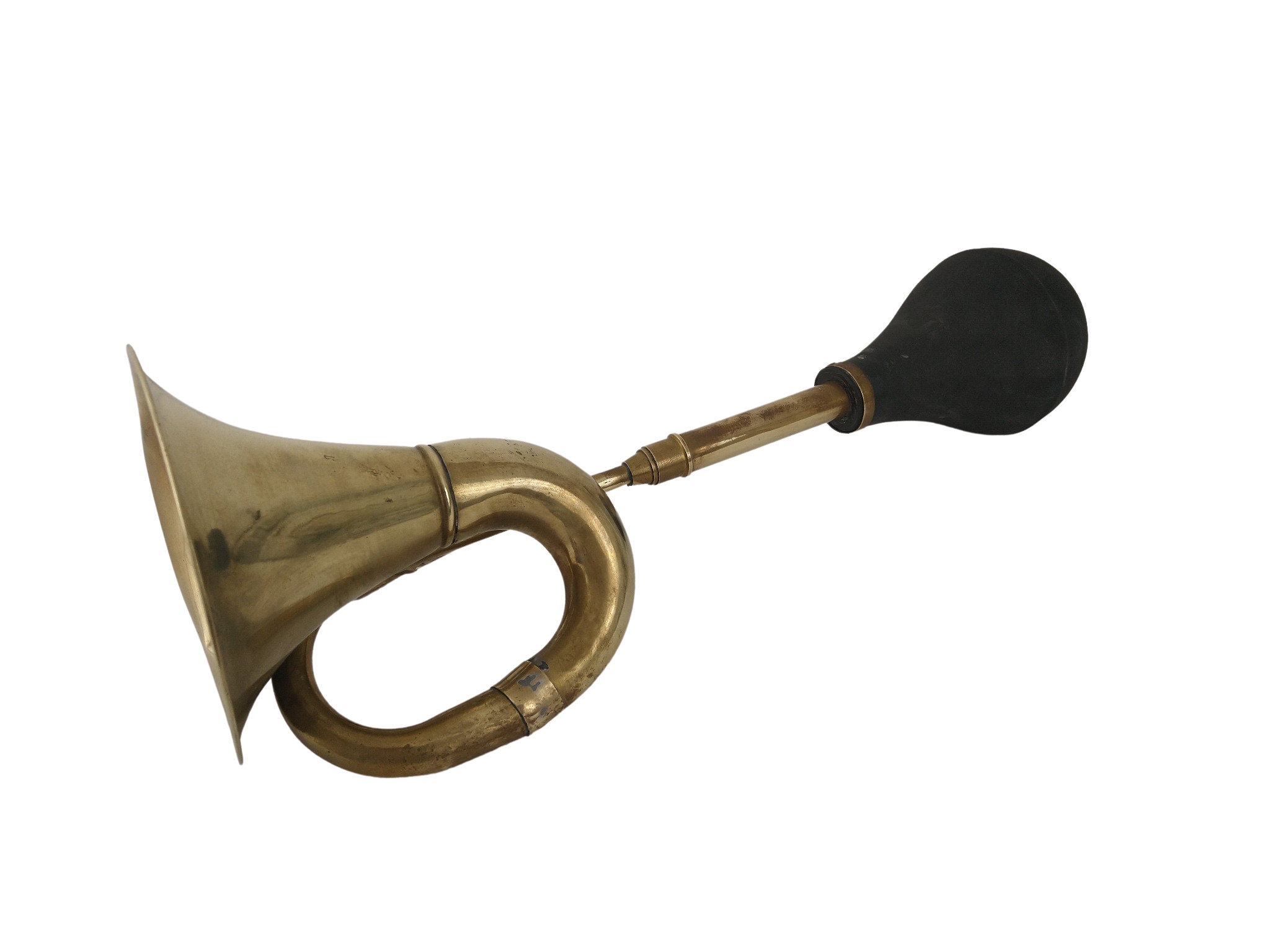 Antique French Brass Car Horn with Rubber Squeeze Bulb, French Automobile Collectible