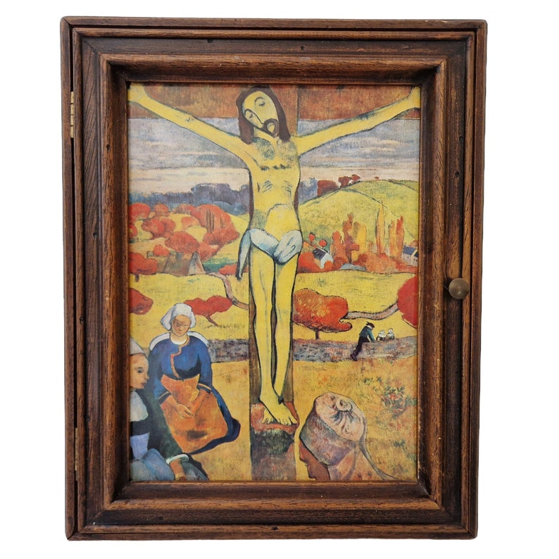 French Wooden Key Holder Cabinet with Paul Gauguin Art Print, The Yellow Christ, Entryway and Kitchen Hanging Hooks image 7