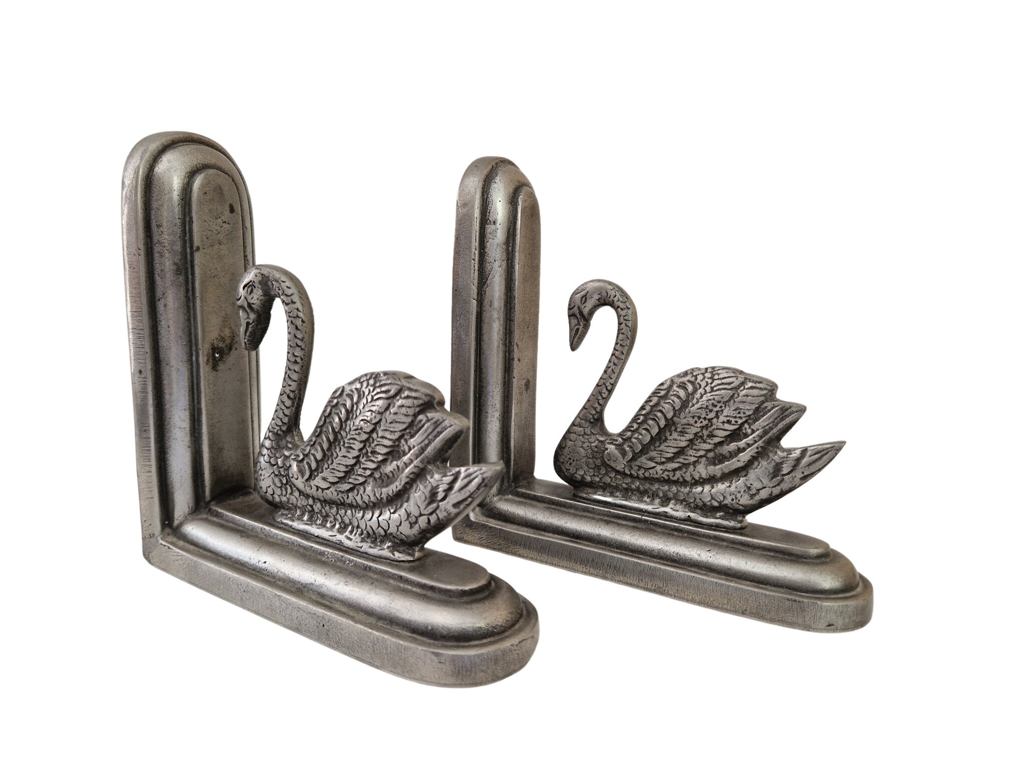 French Pewter Swan Figurine Bookends, Vintage Office Decor, Pair of