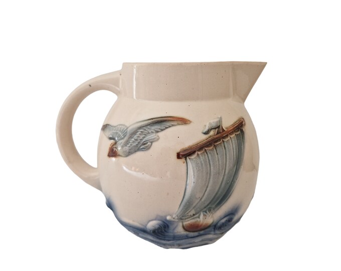 Antique French Majolica Water Pitcher by Digoin Sarreguemines, Sailboat and Seagull Art Deco Ceramic Jug, Nautical Decor