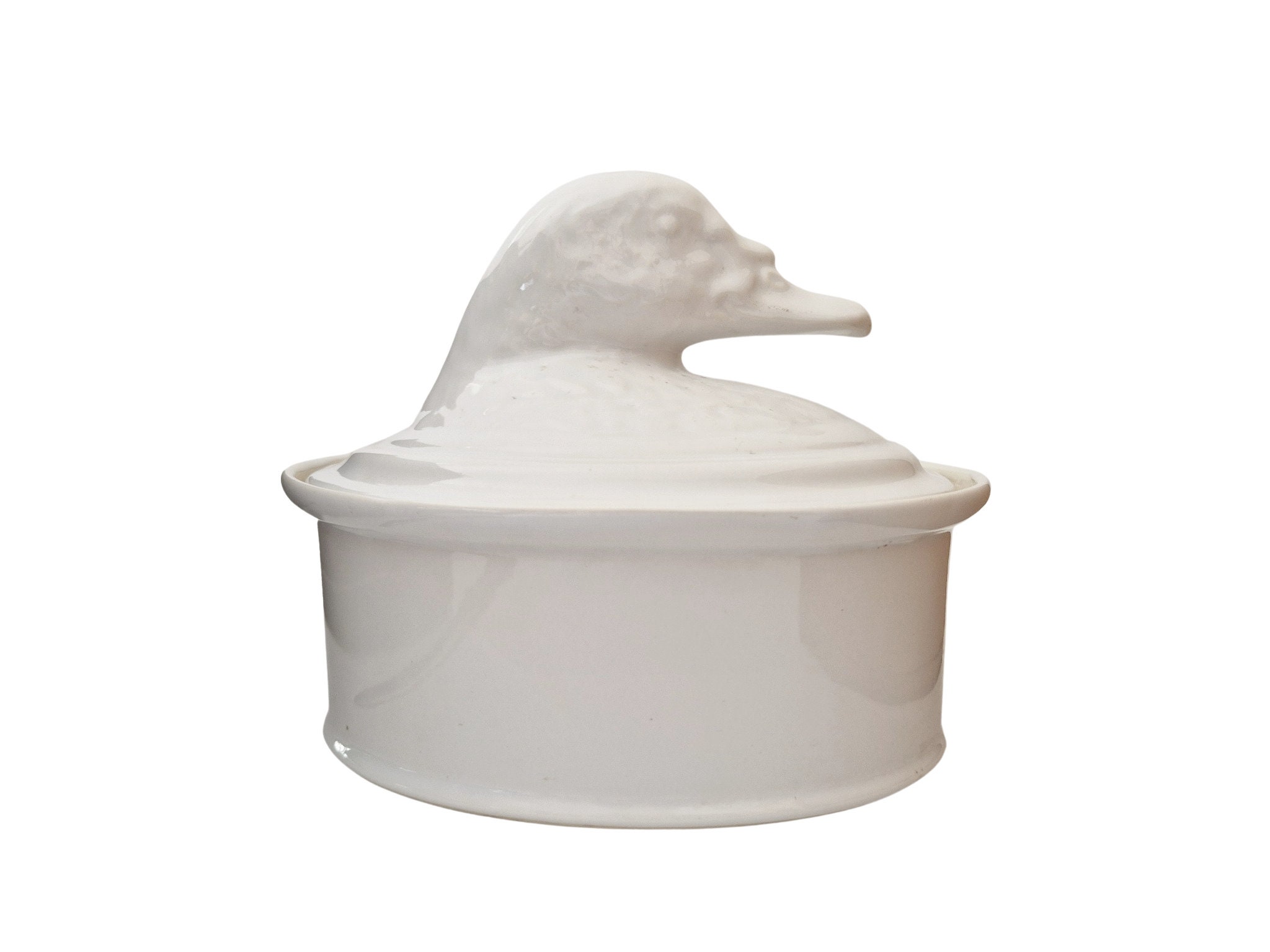 French White Porcelain Duck Tureen, Covered Casserole Terrine Dish