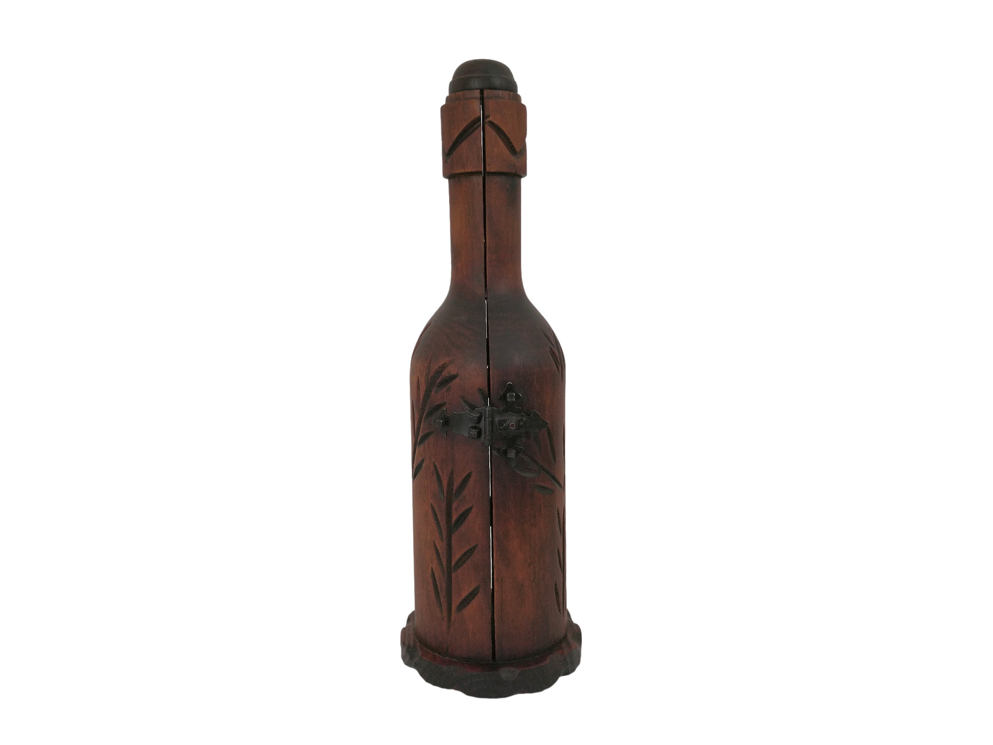 Carved Wood Secret Wine Bottle Box, Mid Century Barware Gift