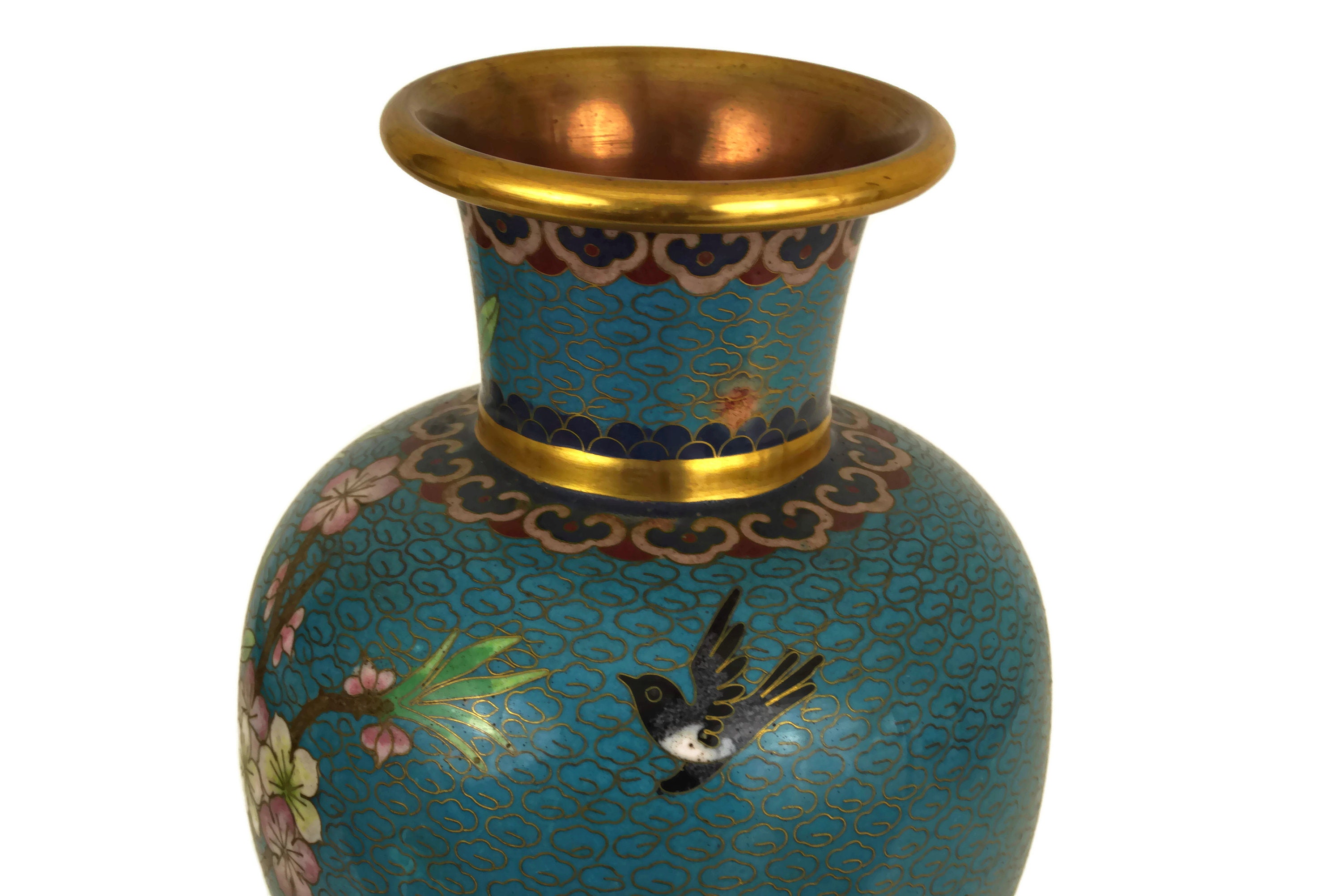 Vintage Cloisonne Vase with Cherry Blossoms and Bird, Turquoise Blue